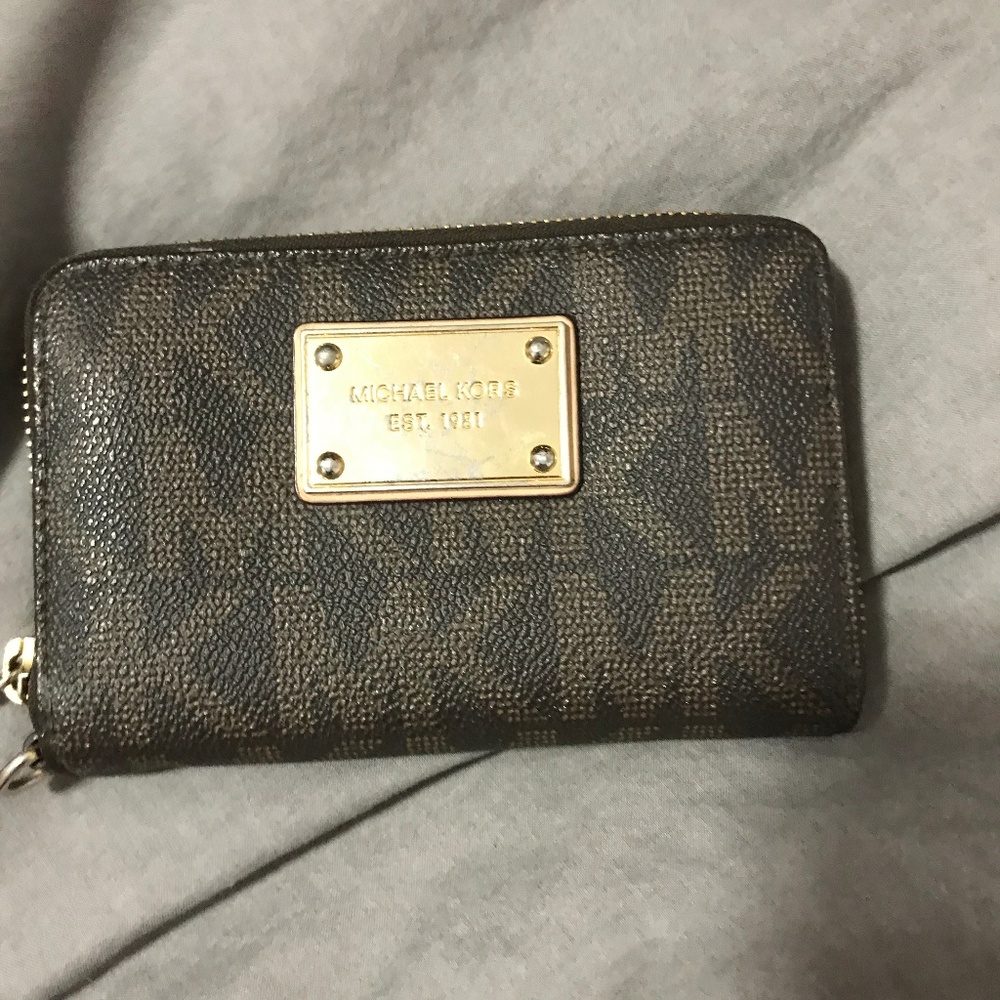 Michael Kors brown logo wristlet wallet